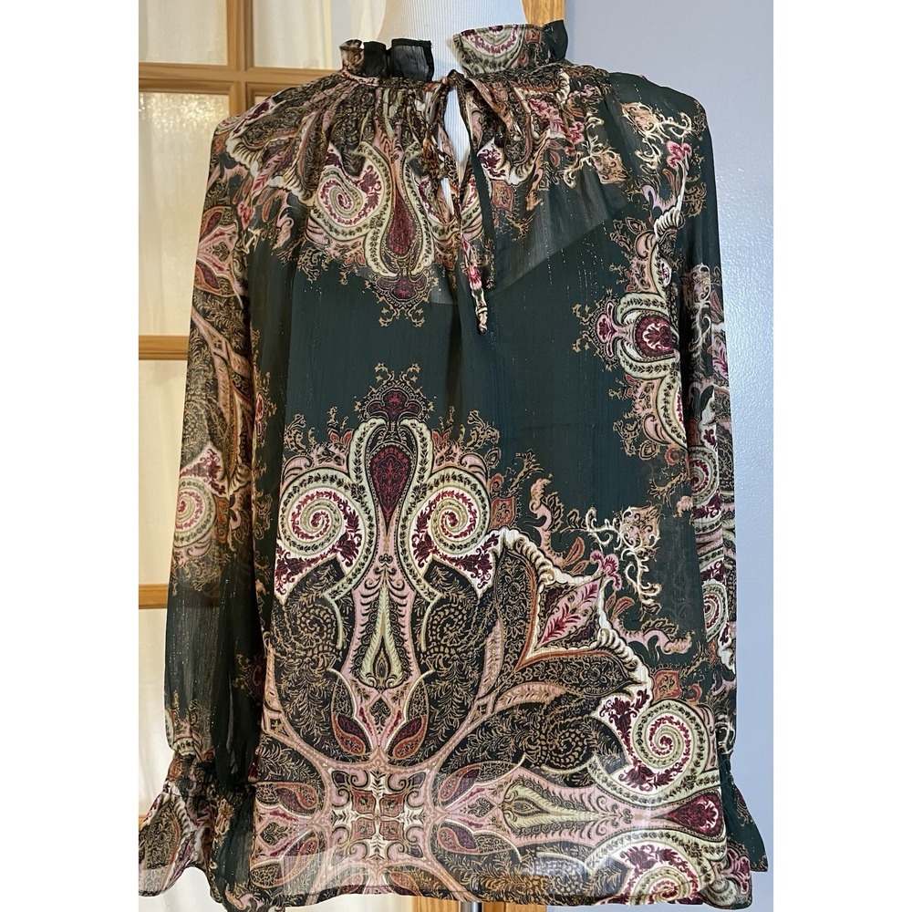 Flower & Ivy Filigree Blouse Sz L Beige Green Metallic Trim Tank Lining Romantic